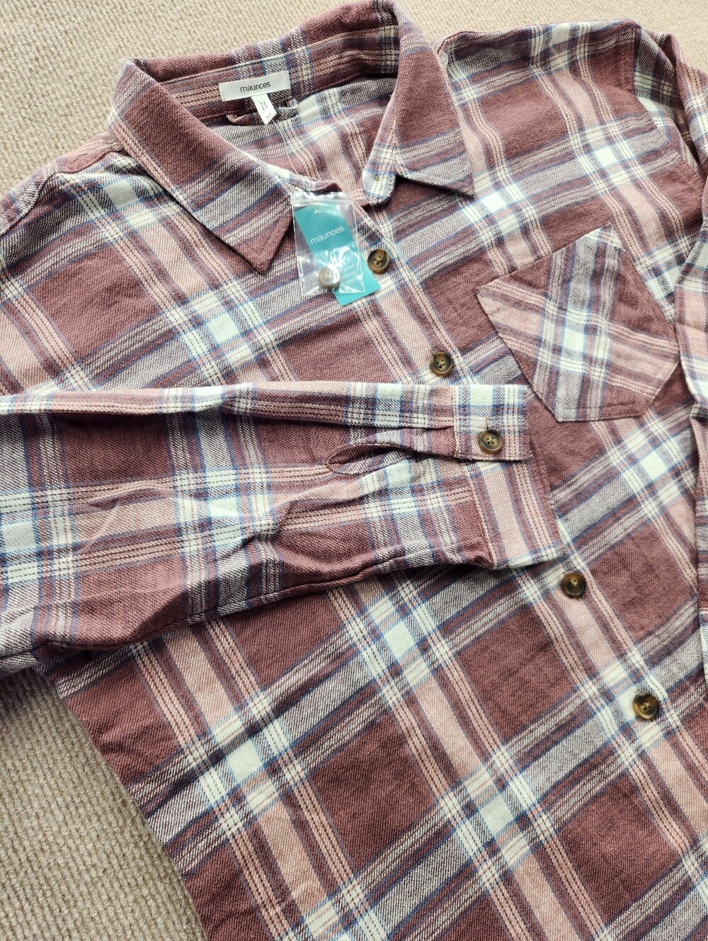 NWT Maurices Maroon White Plaid Women's Medium Long Sleeve Button Down Flannel